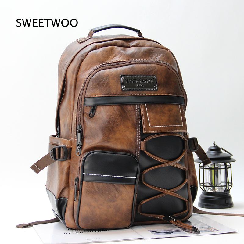 Leather Backpack Vintage - 남성용 브라운 컬러 블록 패턴의 인조